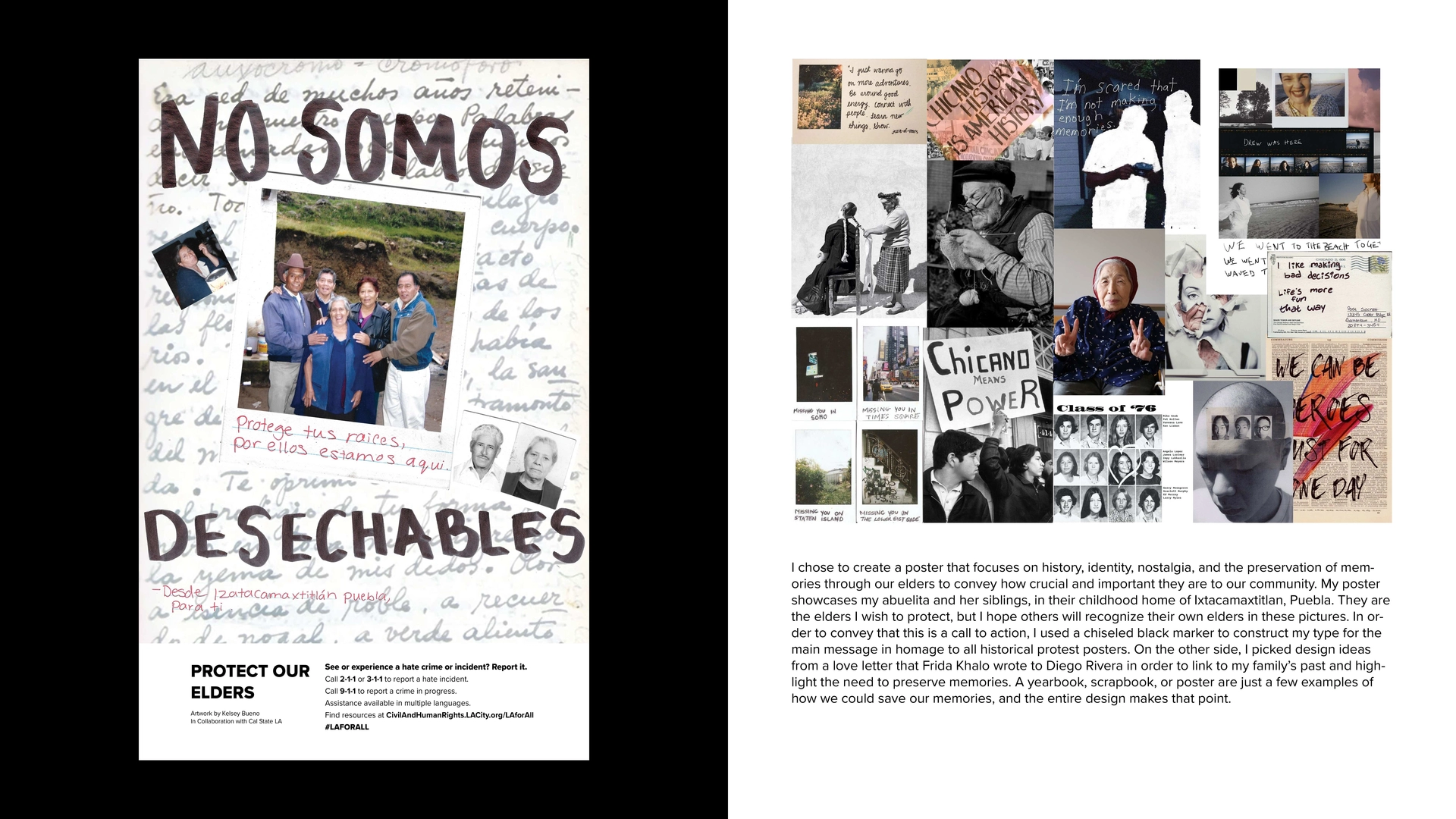 Writings as background with a photo of family in the middle and big words "No Somos Desechables"