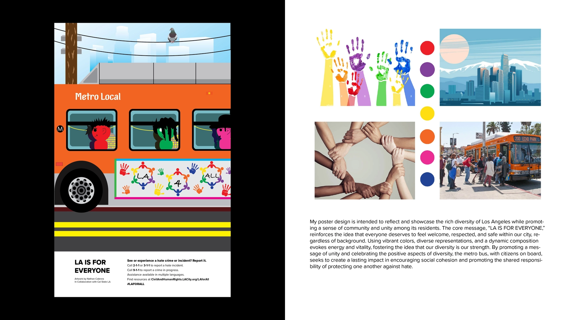 Characters of different colors riding a orange metro bus with clouds and road with yellow lines on bottom, LA hands in circle as bus poster