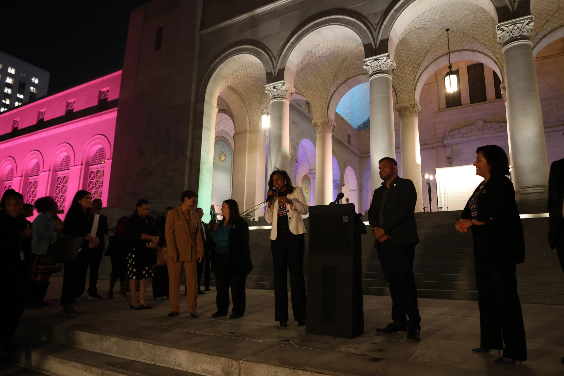 GM Capri Maddox leading the lighting countdown of City Hall