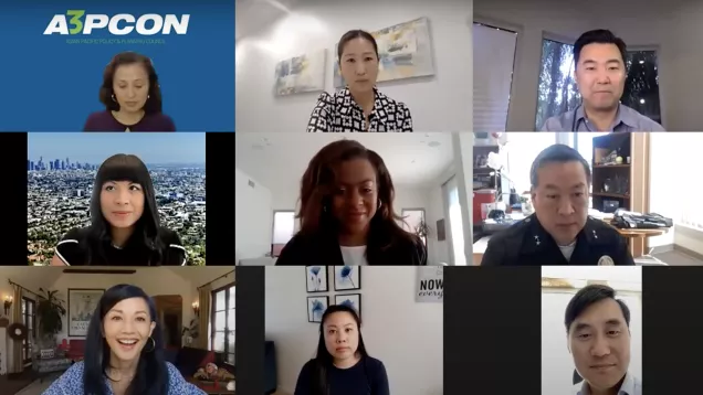 Screenshot of Zoom Panel Take a Stand Against Hate featuring Capri Maddox, Tayln Tomita, David Ryu and panelists