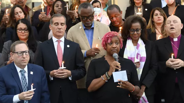 Revered Najuma Smith Pollard speaks at a Solidarity Vigil hosted by LA Civil Rights at First AME Church