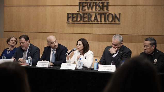 LA Civil Rights Director of Discrimination & Policy Enforcement Joumana Silyan-Saba speaking at a panel discussion at the Jewish Federation